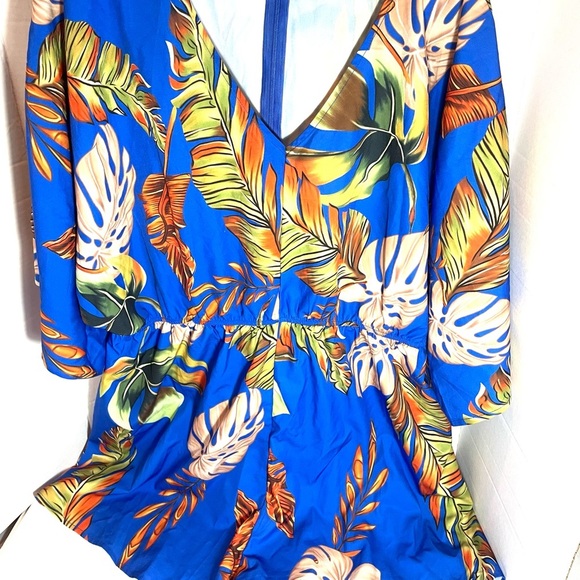 SHEIN Curve Blue Tropical Leaf Print Bohemian Flowy Jumpsuit Romper Size 2XL - Picture 2 of 14